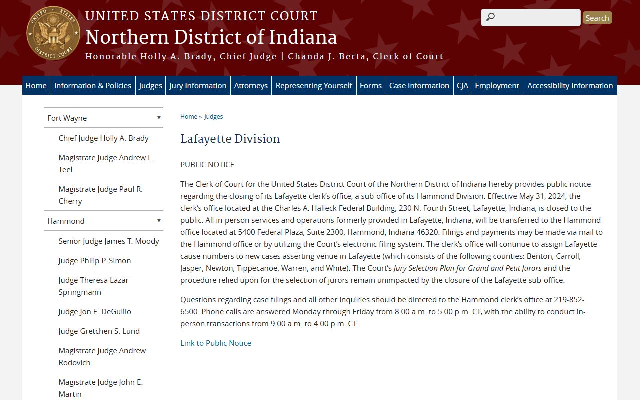 Benton County Circuit Court records and Northern District Lafayette federal venue notice